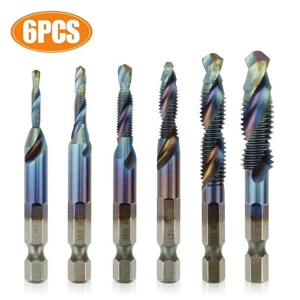 6Pcs HSS 1/4"Hex Shank Titanium Coated Screw Thread Tap Drill Bits Set M3-M10 6Pcs HSS 1/4"Hex Shank Titanium Coated Screw Thread Tap Drill Bits Set M3-M10